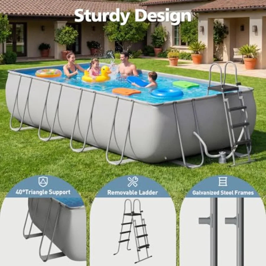 Backyard rectangular above ground pool set, steel frame with gray PVC liner, 18' x 9' x 47, includes removable ladder and filte