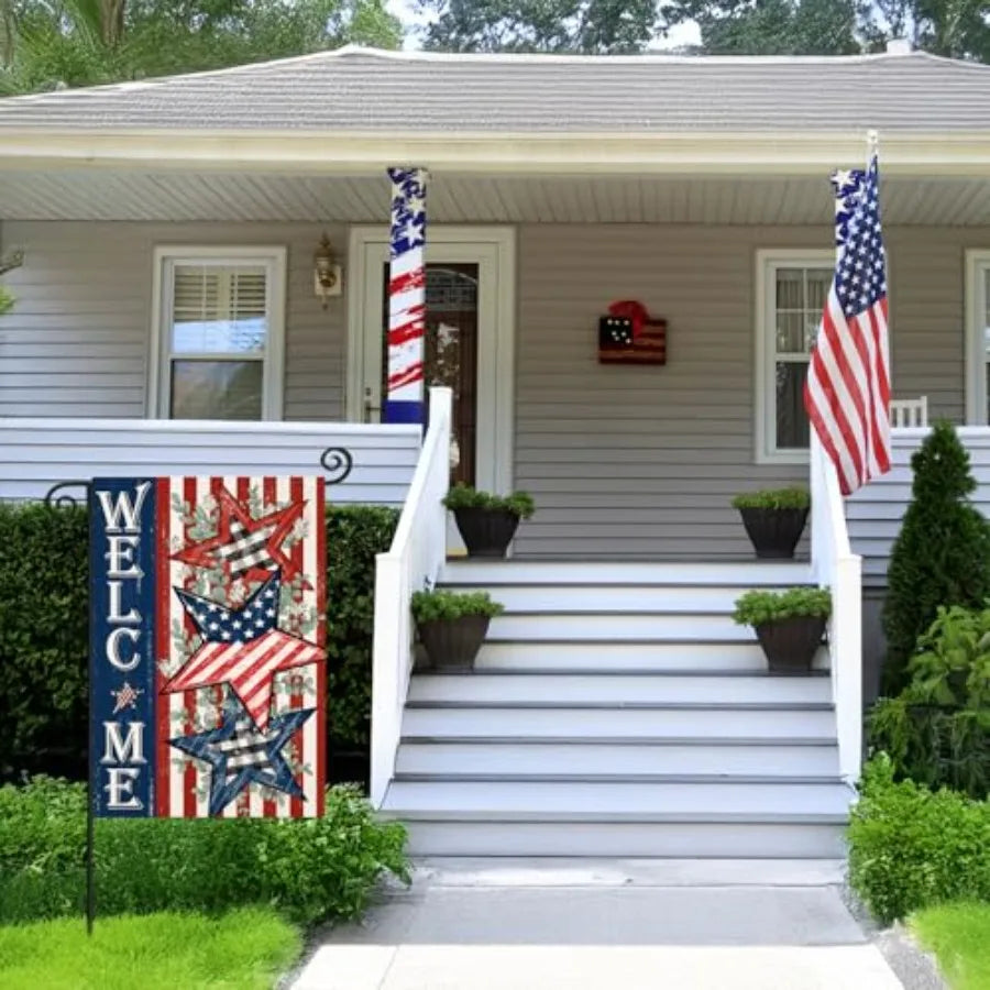 Welcome 4th of July Garden Flags Double Sided, Patriotic American Stars and Stripes Small Summer Decoration for Holiday Yard Me