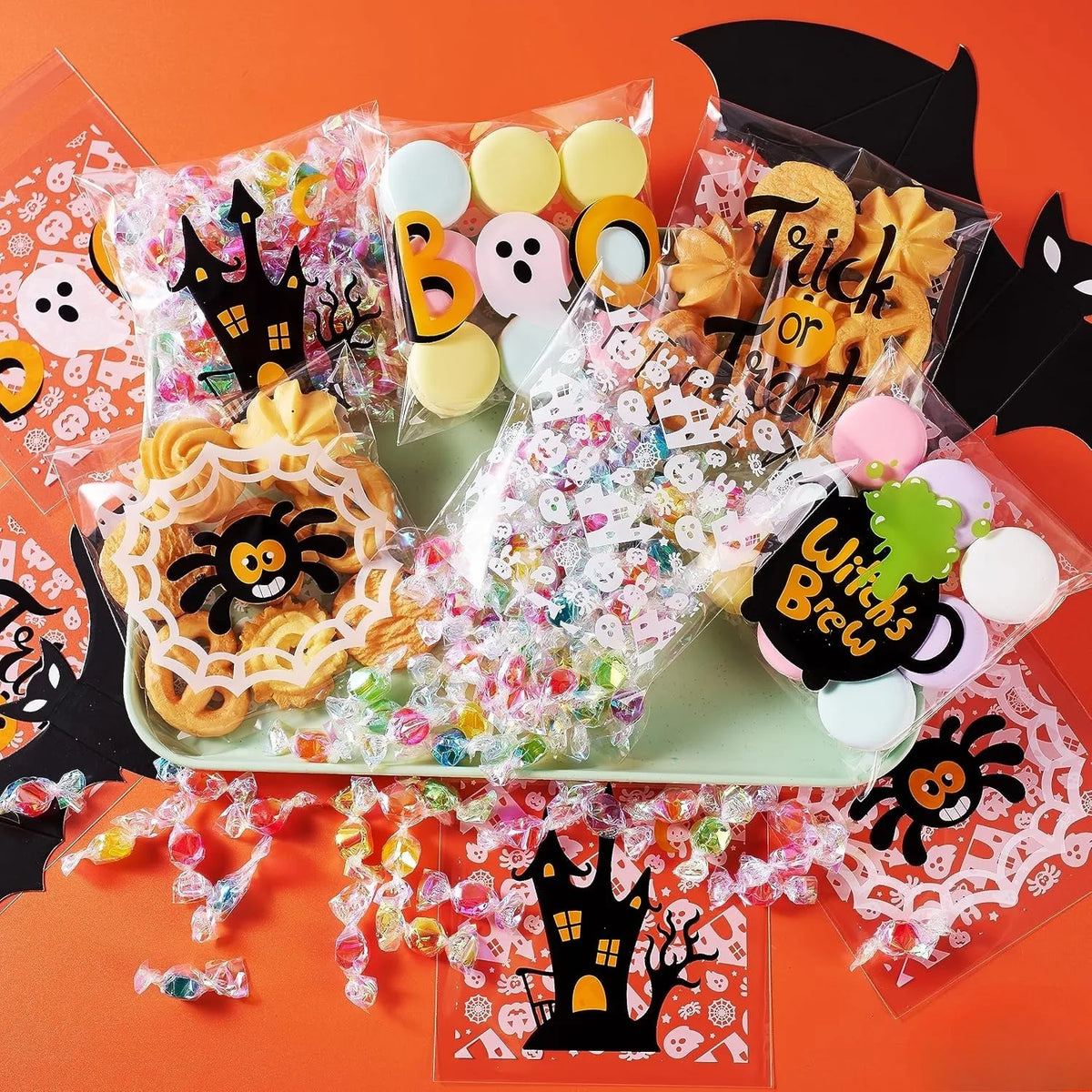 150 PCS Cellophane Treat Bags Halloween Self Adhesive Clear Cookie and Candy Bags for Kids Trick or Treating, Small Goodie Gift Ziplock Bag Bulk for Halloween Party Favors Supplies in 6 Designs