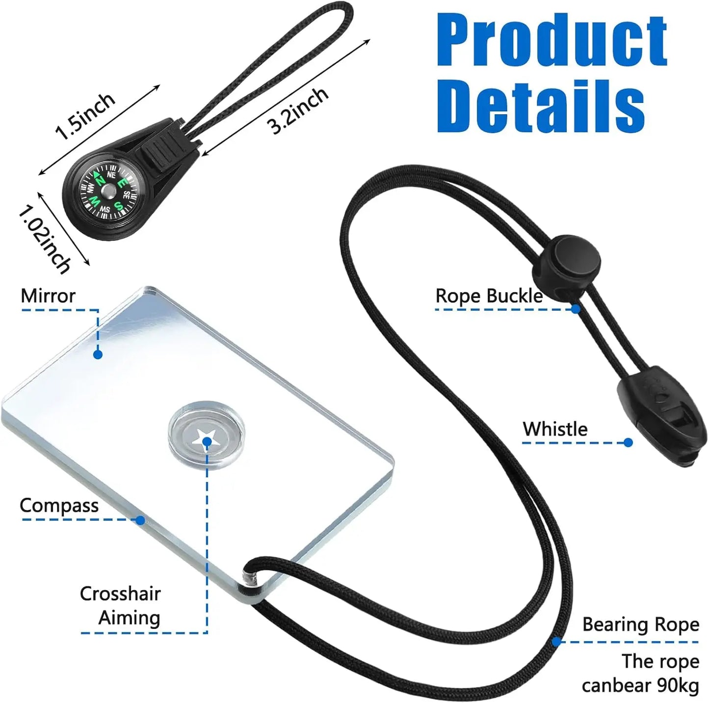 4-in-1 Emergency Signal Mirror Set with Compass & Whistle for Hiking, Camping, Survival