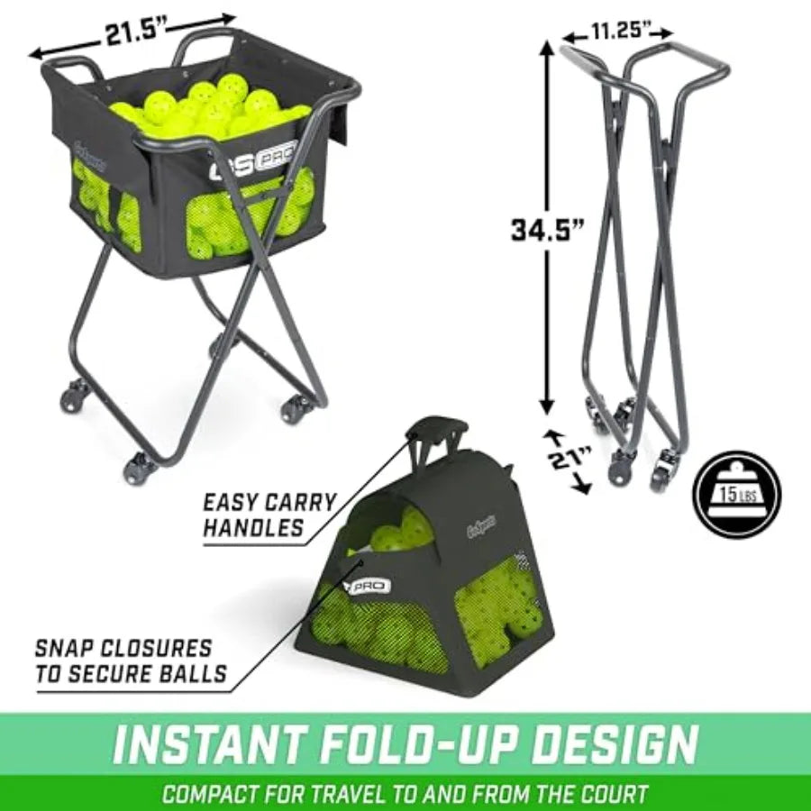 Ball Caddy with Wheels - Portable Cart for Pickleball and Tennis, Durable Plastic, Black, Holds 140 Pickleballs or 175 Tennis B