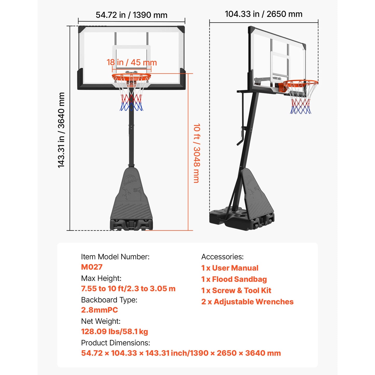 SucceBuy Portable Basketball Stand Height Adjustment Basketball Hoop & Goal Basketballs Hoop with 44 -54 inch PC Backboard