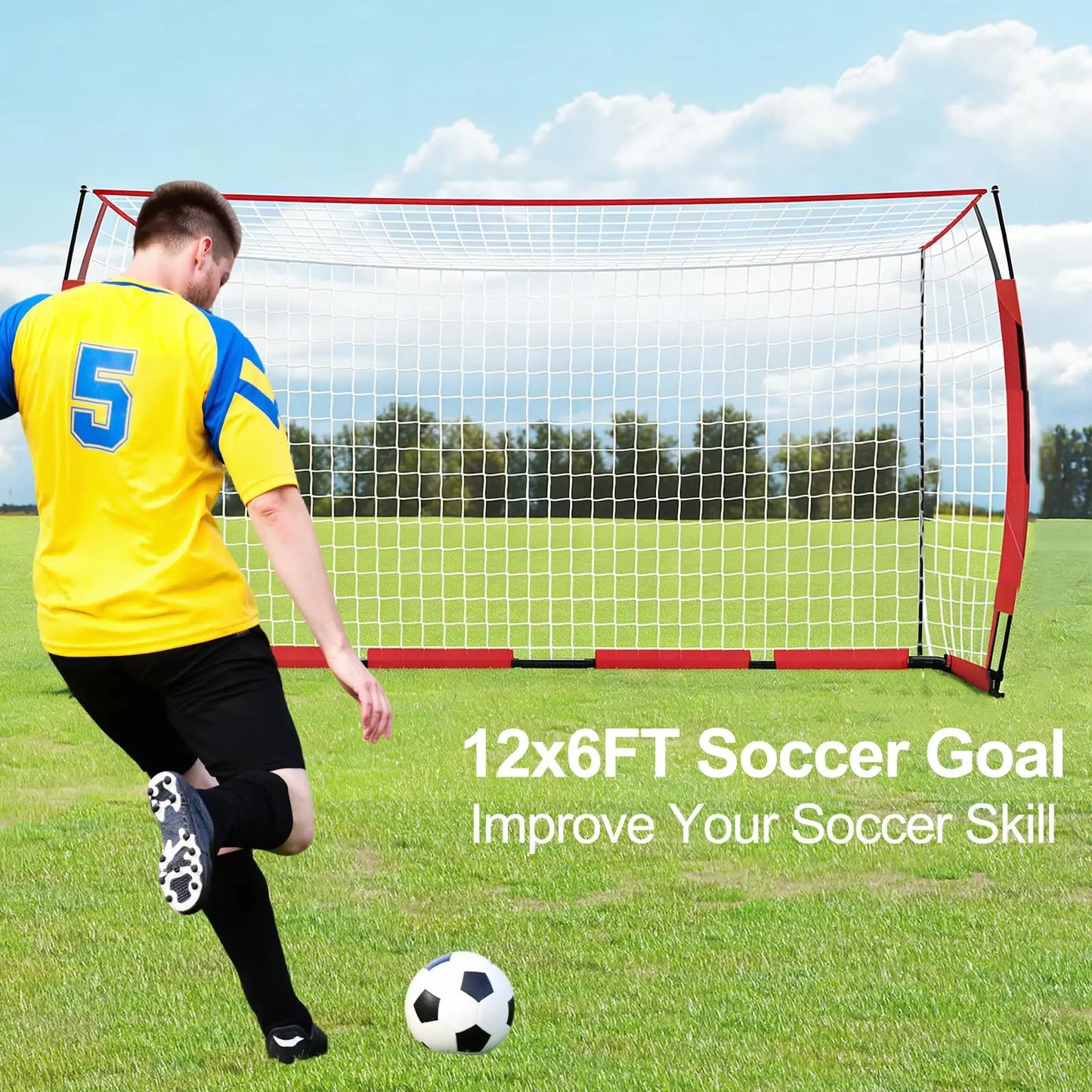 12x6ft Portable Soccer Goal Heavy Duty Metal Frame Foldable Backyard Soccer Net Fiberglass Support Training Equipment With Bag