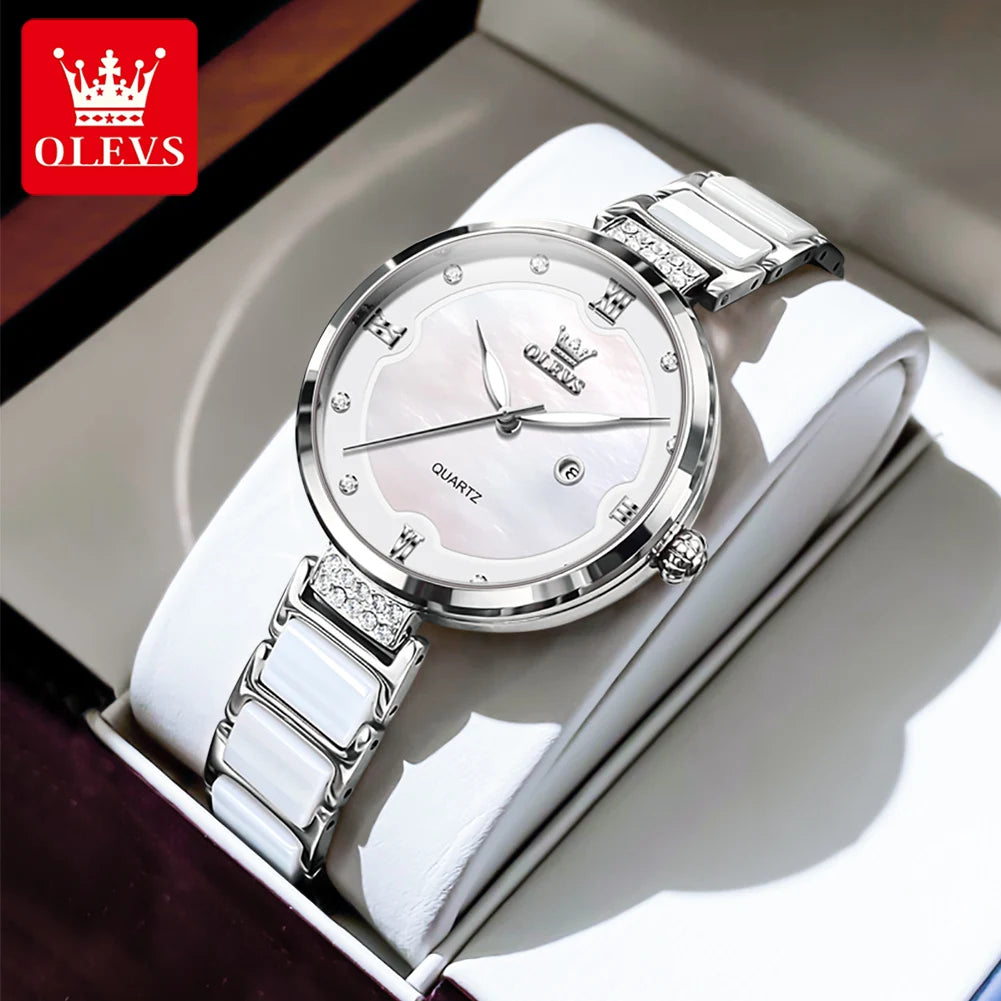 OLEVS Original Watch for Women Ceramic Stainless steel Strap Luxury Brand Elegant Ladies Watch Women's Bracelet Wristwatch Set