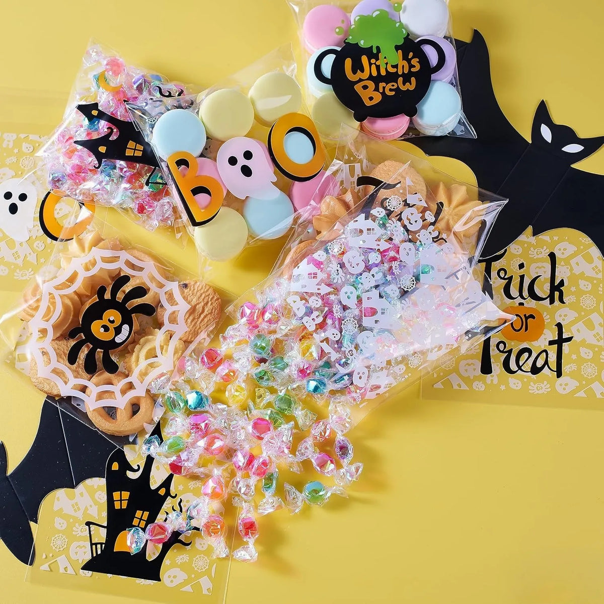 150 PCS Cellophane Treat Bags Halloween Self Adhesive Clear Cookie and Candy Bags for Kids Trick or Treating, Small Goodie Gift Ziplock Bag Bulk for Halloween Party Favors Supplies in 6 Designs