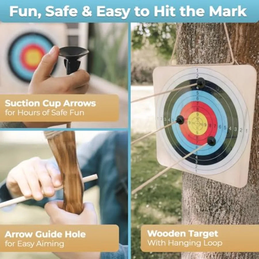 Bow and Arrow Set for Ages 4-8: Wooden Bow, Rainbow-Colored Arrows with Suction Cups, Includes Wooden Target and Fabric Quiver