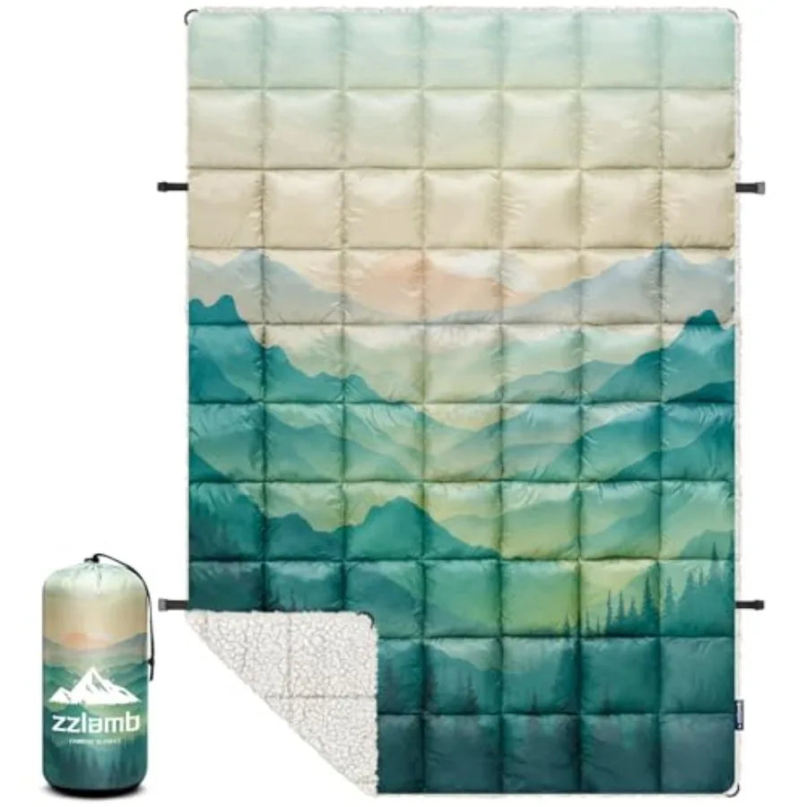 Outdoor Camping Blanket with Sherpa Lining, Puffy Thick Camp Quilt for Sleeping, Packable Warm Wearable Fleece Blankets for Col