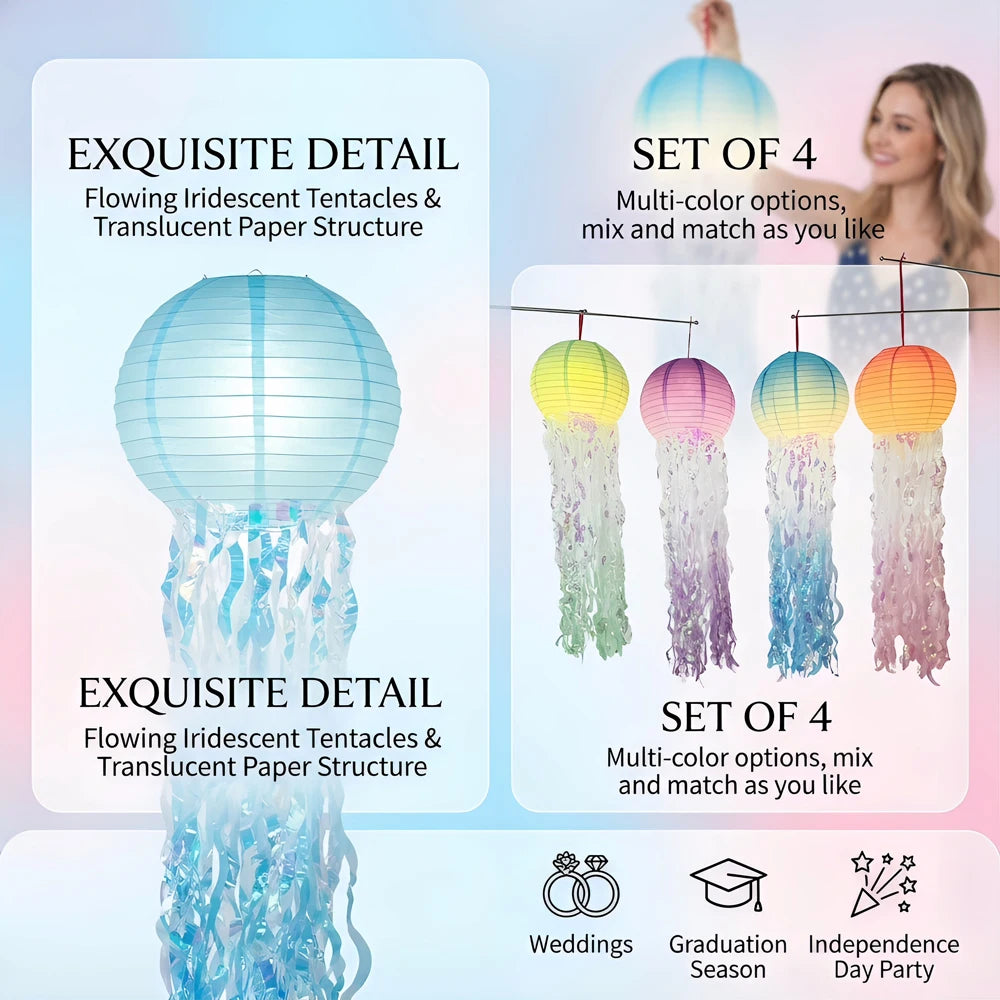 4PCS LED Jellyfish Paper Lanterns with Iridescent Tinsel Tassels, Glow Hanging Mermaid Ocean Themed Party Decor, Glow In Dark Lantern for Birthday, Wedding, Graduation, Under The Sea Party Supplies
