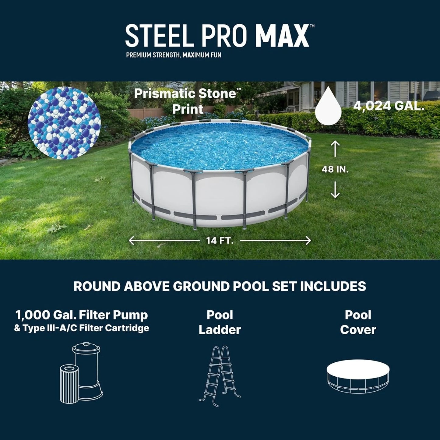 14ft Round Metal Frame Above Ground Swimming Pool Set with Filter Pump Ladder & Cover, Outdoor Backyard, Custom