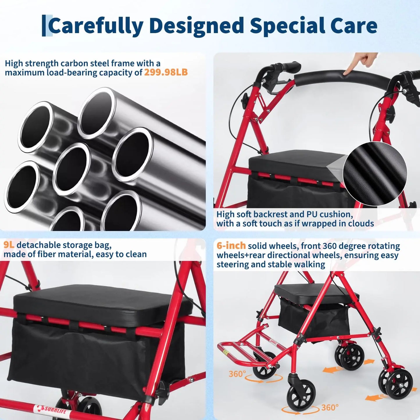 Folding Four Wheel Rollator, Lightweight Mobility Walker with Seat & Carry Bag, Underseat Storage, Portable Walking Aid 6'' Whee