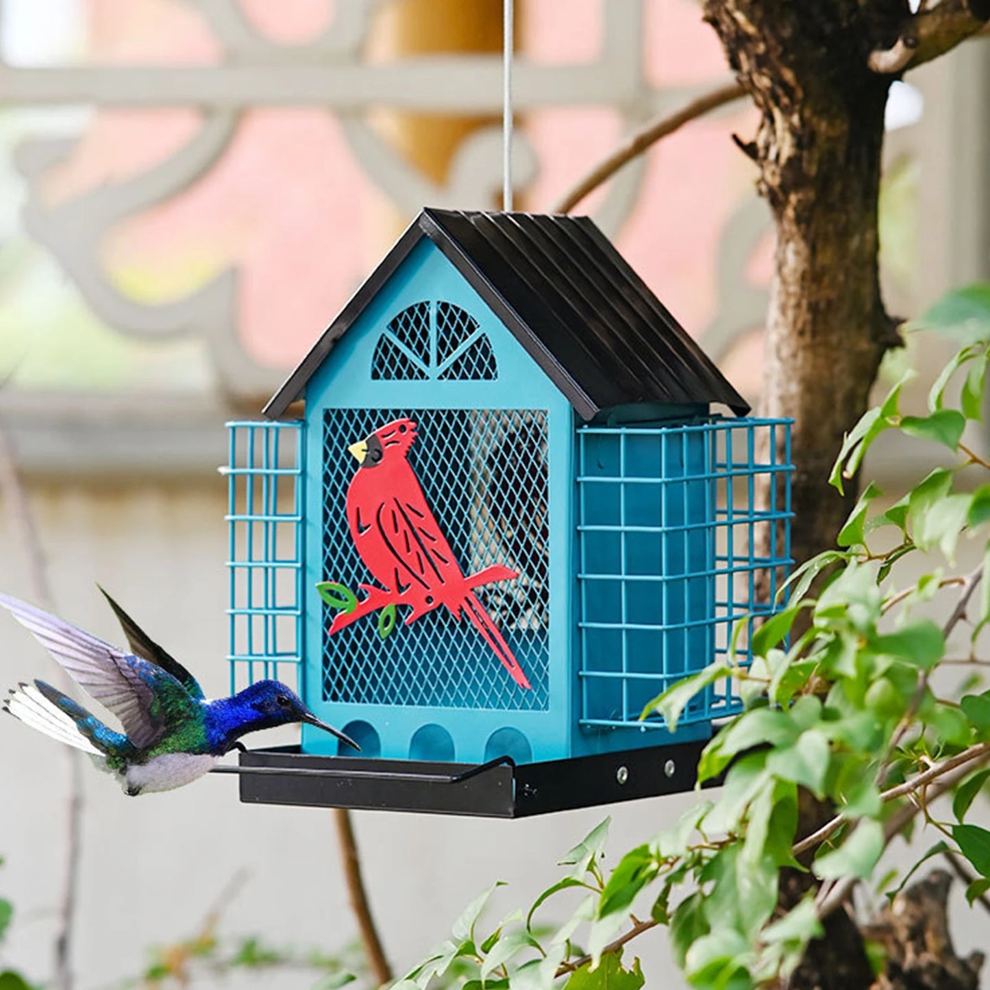 Outside Bird Houses with Double Suet Squirrel-Proof Seeds Tray Cage Refillable Multi-Layer Metal Birdhouse For Outdoor Parks