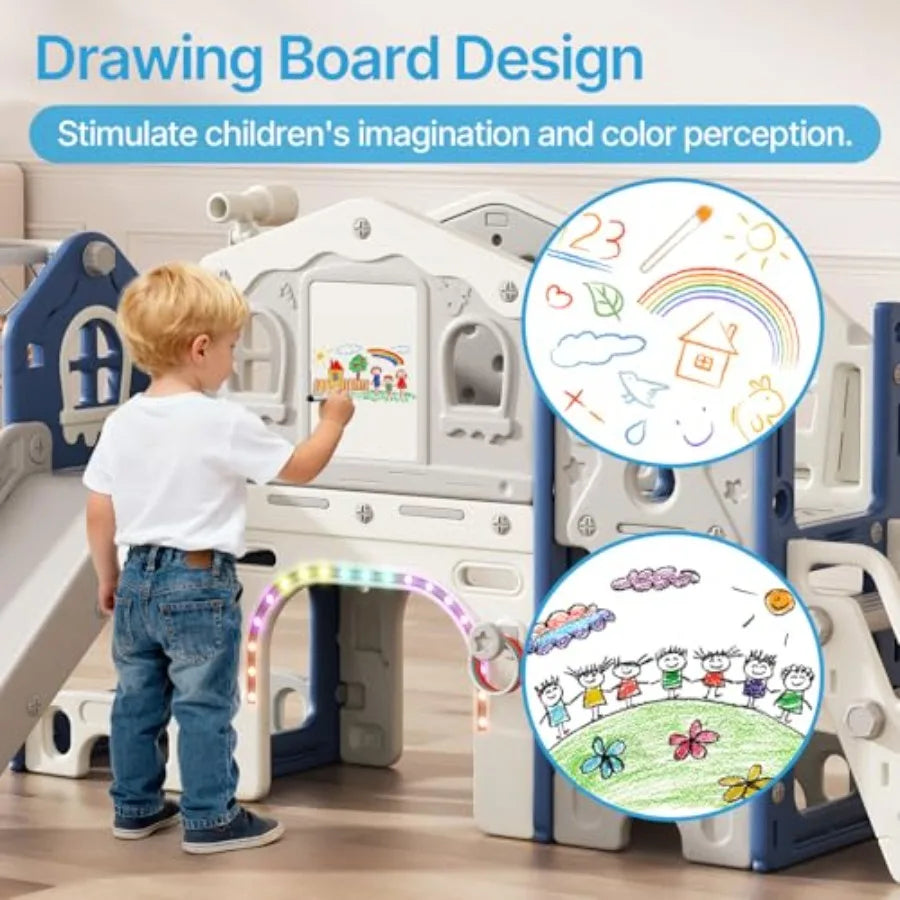 Indoor outdoor toddler playset for ages 1-3: slide colorful lights drawing board building blocks board all-in-one activity set