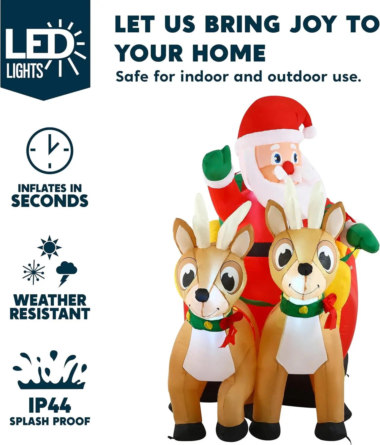 JOYFY 6 FT Long Christmas Santa on Sleigh with 2 Reindeer Inflatable Christmas with Build-in LED for Xmas Party Lawn Decorations