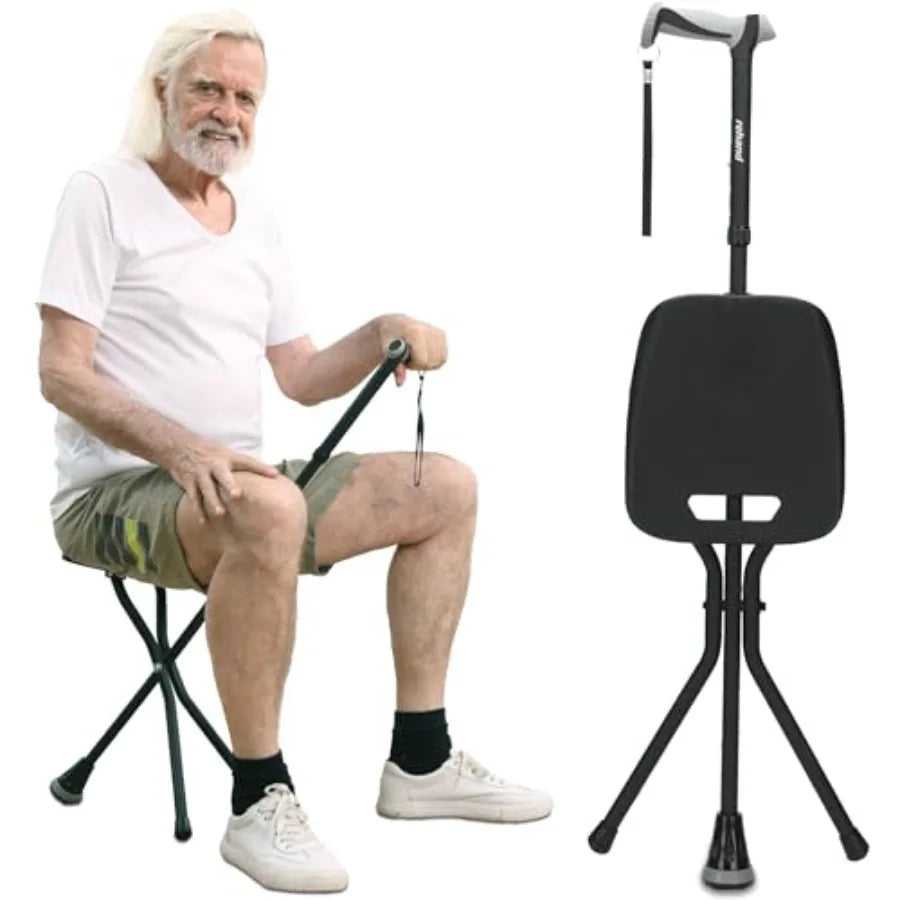 Walking Cane with SeatLightweight Foldable Adjustable Collapsible Canes with Stool for Men and Women Heavy Duty All Terrain Tip