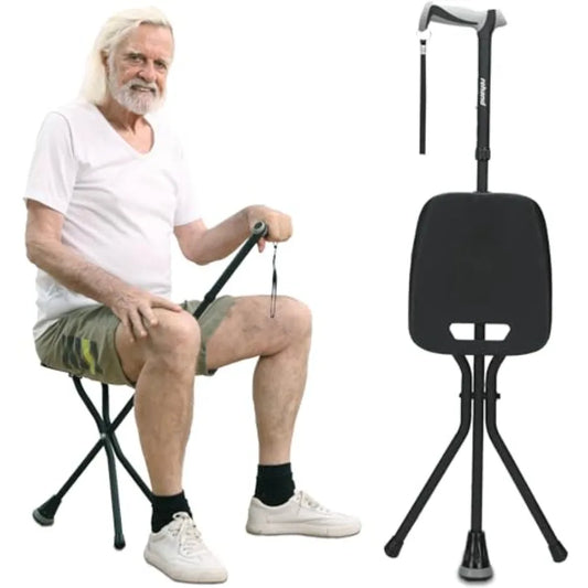 Walking Cane with SeatLightweight Foldable Adjustable Collapsible Canes with Stool for Men and Women Heavy Duty All Terrain Tip