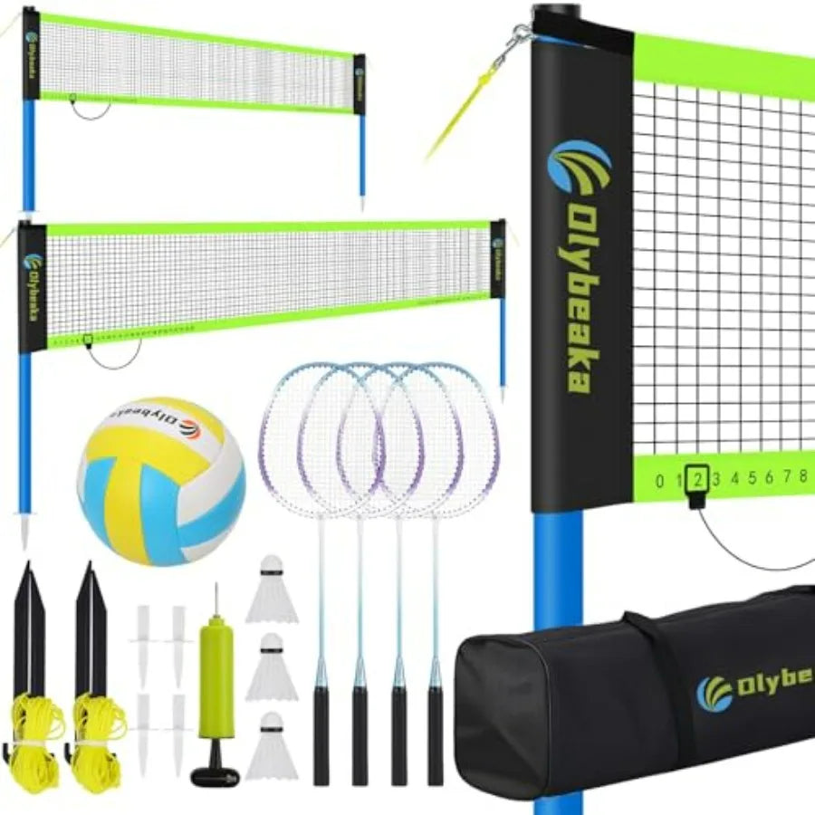 Portable Volleyball and Badminton Combo Net Set for Backyard Beach with 2 Nets 20ft and 32ft,Adjustable Poles, PU Volleyball, A