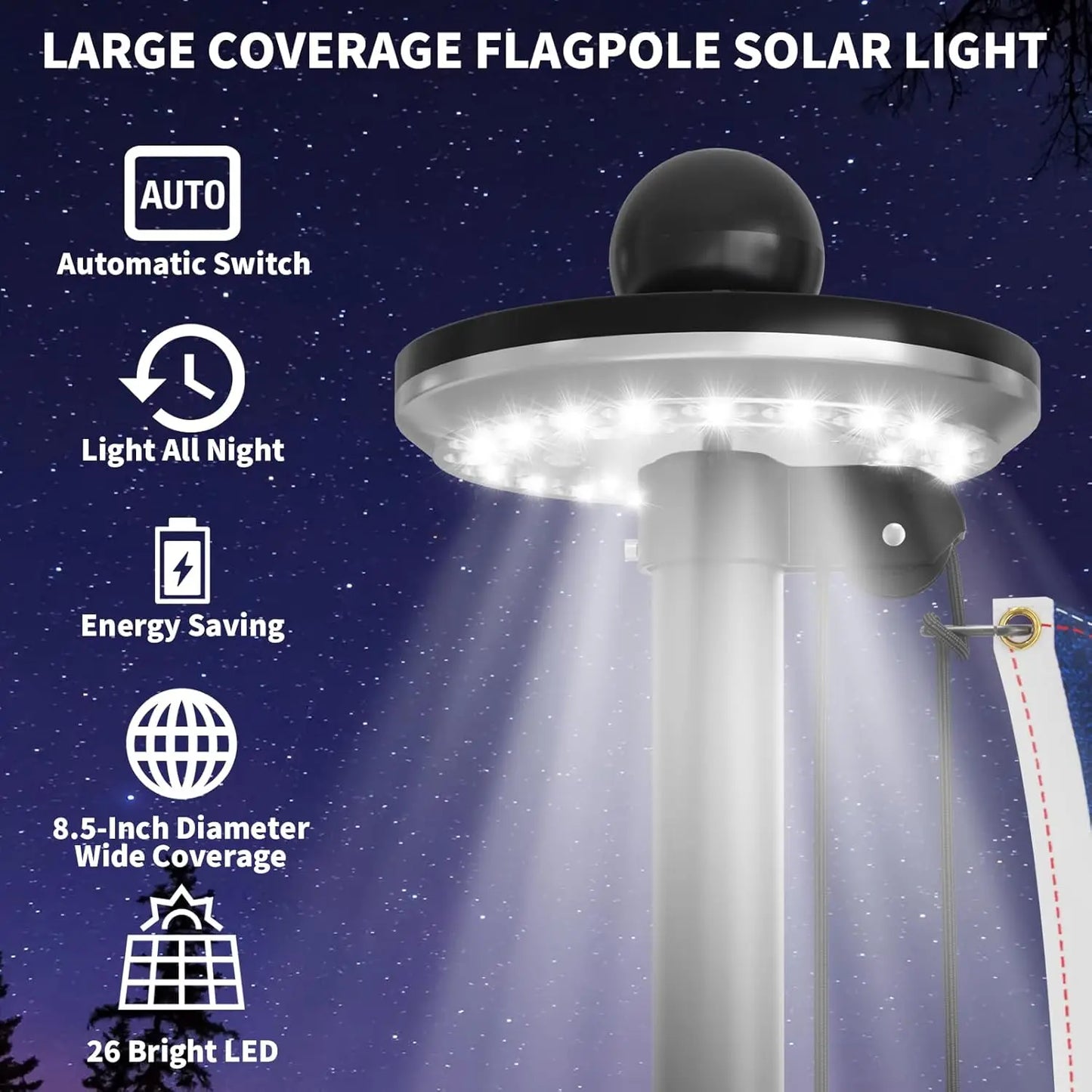 25FT Heavy Duty Flag Pole Kit with Wind-Resistant Tapered Design, Large Bottom Tube, Solar Light, USA Flag – Complete Set