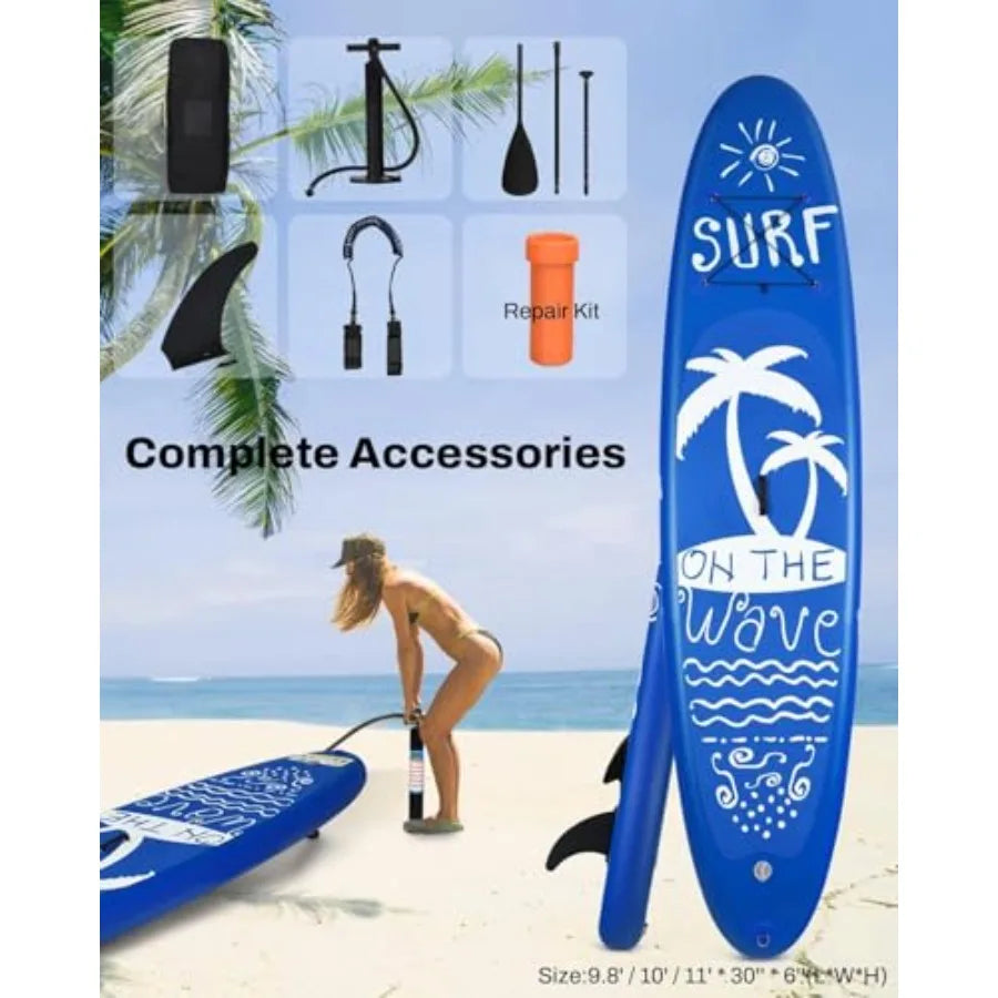 SURF Pattern Inflatable Upright Paddle Board for Adults and Teenagers Lightweight PVC Material Blue-Gray Includes Detachable Fi