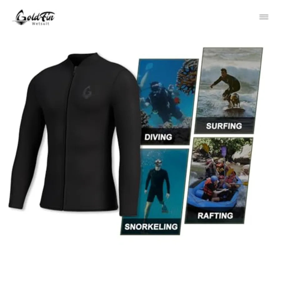 Men's water sports wetsuit top in black neoprene, 3mm thickness for diving, surfing, kayaking, and swimminglightweight, flexibl