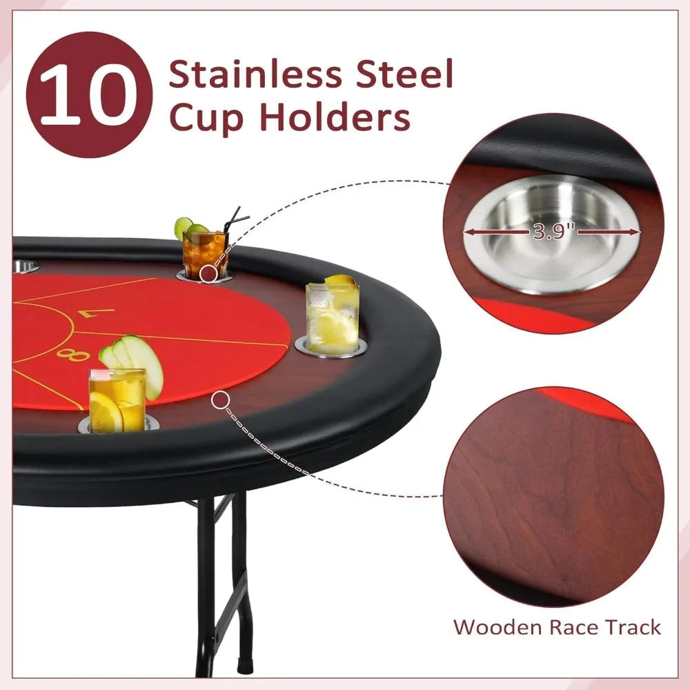 Upgrade 10 Player Poker Table, 84" Folding Oval Table with Stainless Steel Coasters & Cushion Rails, Casino Felt Top Texas Hold'