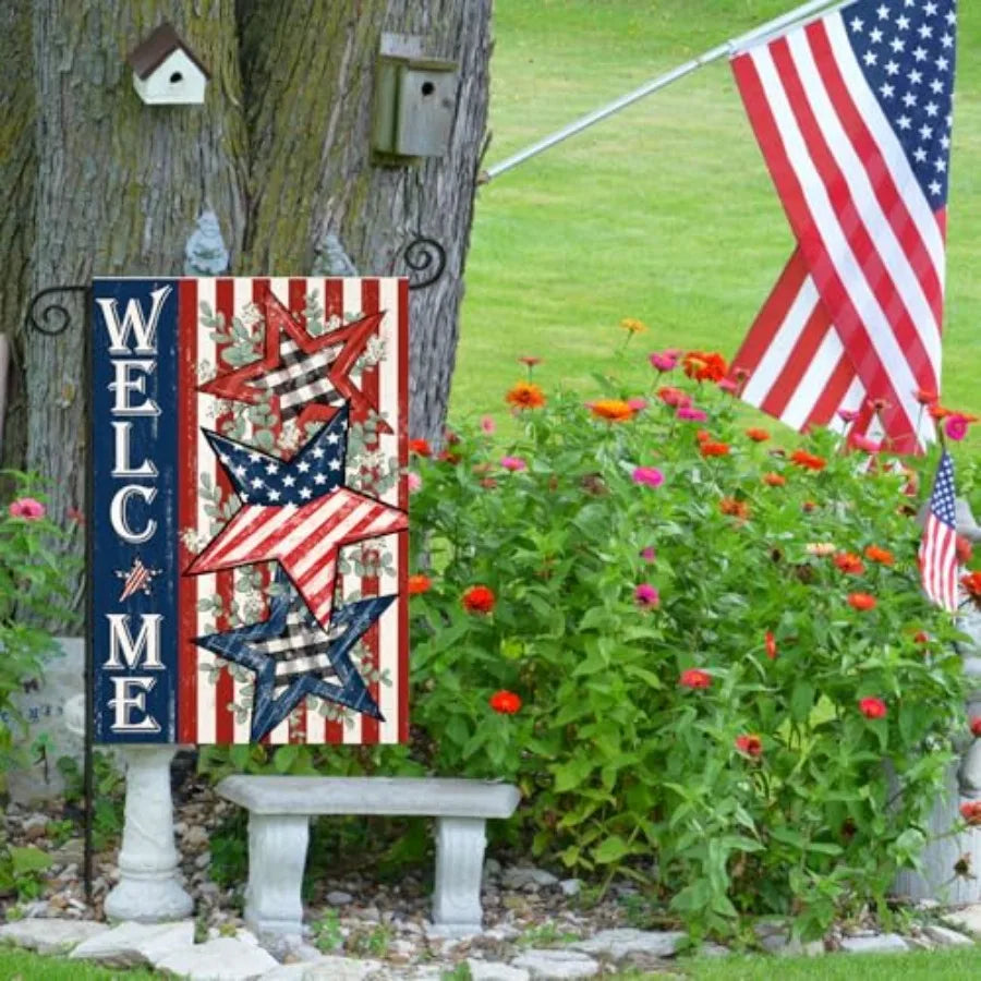 Welcome 4th of July Garden Flags Double Sided, Patriotic American Stars and Stripes Small Summer Decoration for Holiday Yard Me