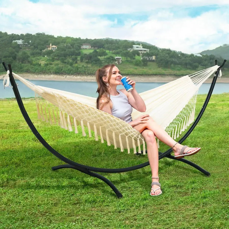 Portable Outdoor Hammock with Stand Included, Double Hammock with Tassel for Outside, Beige