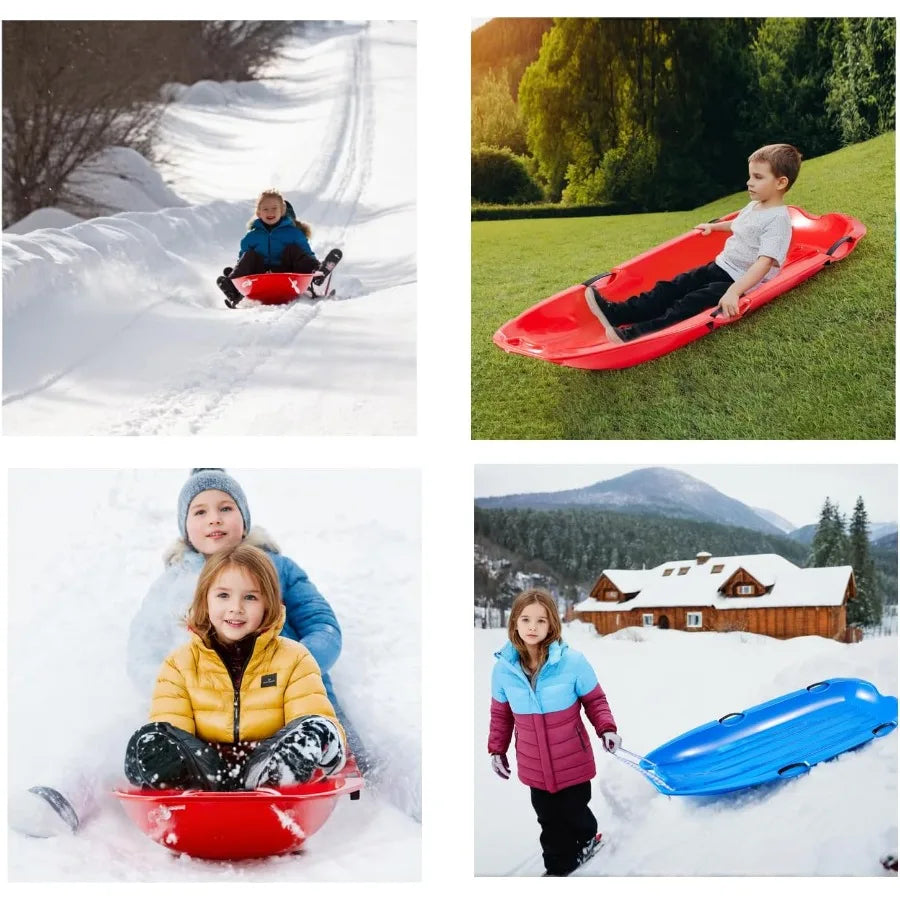 Outdoor Plastic Snow Sled for Adults and 48in with Pull Rope and 4 Handles Blue