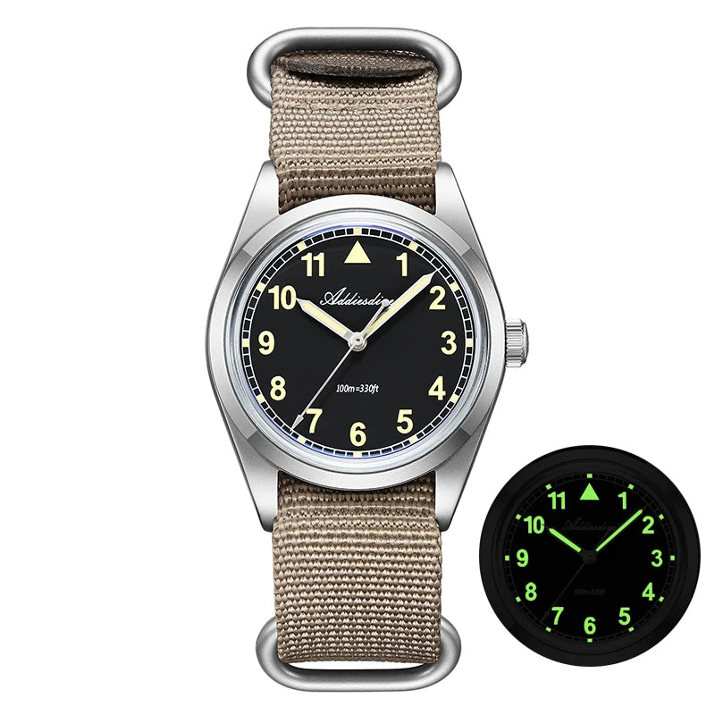 ADDIESDIVE 36mm Men's Analog Watch Bubble Mirror Glass 100m Waterproof Luminous Watch Simple Men Quartz Watches with Nylon Strap