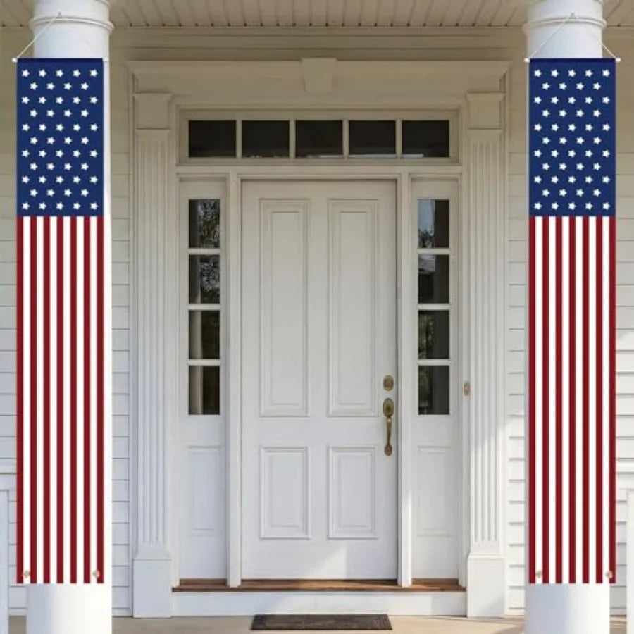 Pair 4th of July Patriotic Porch Banners, American Flag Hanging Decorations for Outdoor Indoor Use, Red White Blue Signs for Me