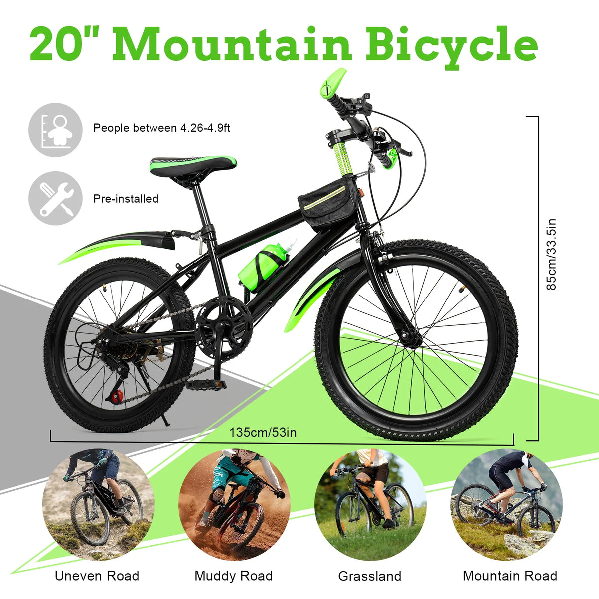 20 Inch 7 Speeds Mountain Bike Adjustable Children's Bicycle with Storage Bag and Compass Bell Braking System Bike