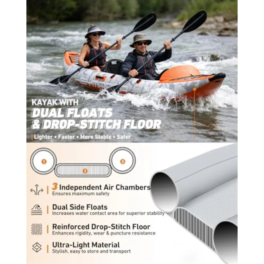 Tandem Fishing Kayak For Adults, Inflatable Portable Touring Canoe With Dual Floats, Drop-Stitch Floor And Fish Measuring Ruler