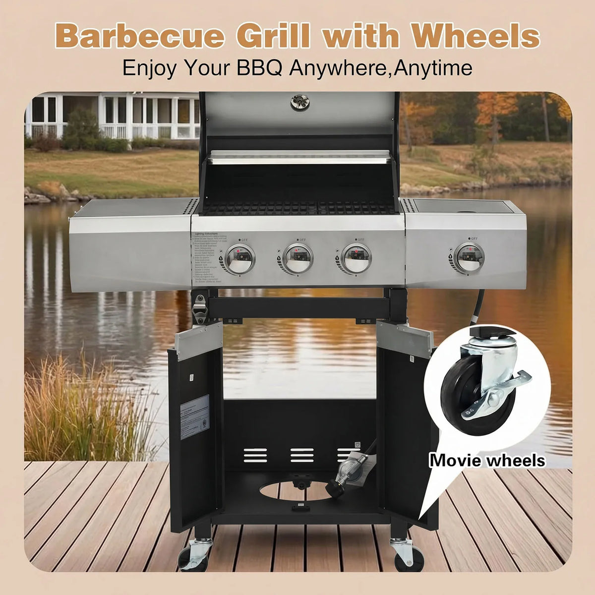 3-Burner BBQ Grill with Side Burner, 40,500 BTU Stainless Steel Propane Grill, Including Thermometer Wheels, Gas Grill for Garden Cooking and Family Gatherings