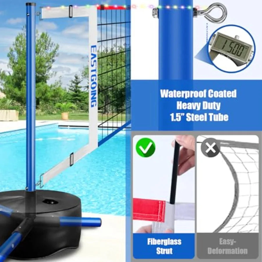 Pool Volleyball Net Set with LightAdjustable Length 15-25FT Swimming Pool Volleyball Net System with 2 Water Volleyballs and He