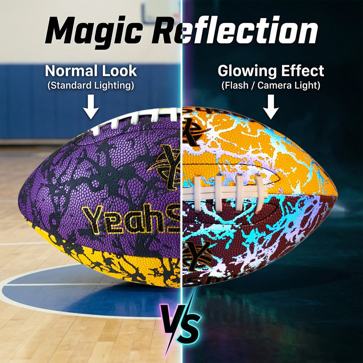 New Holographic Reflective Football Size 9-Glow in The Dark Premium American Football with Stunning Luminous Rugby Durable Grip