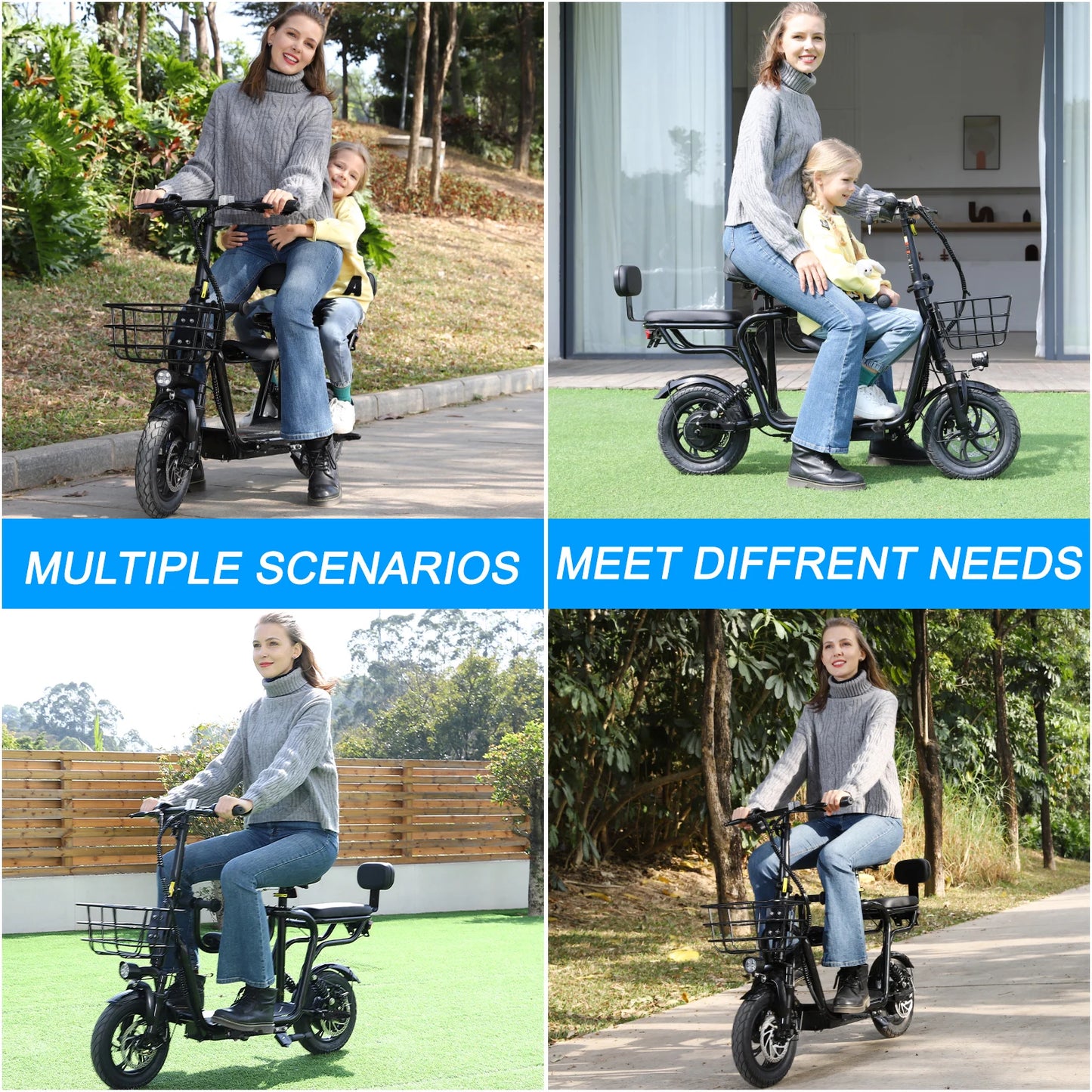 48V Electric Scooter with Seat for Adults Electric Scooter with 750W Peak Power Motor 18.75 MPH 20 Mile Range, Dual Disc Brakes