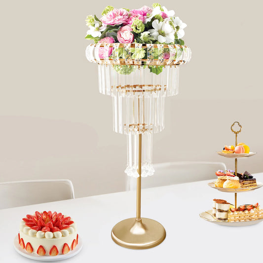 Crystal Wedding Flower Stand, 5 Tier Crystal Flower Stand with Ice Curtain and Gold Frame, Wedding Centerpiece Decor