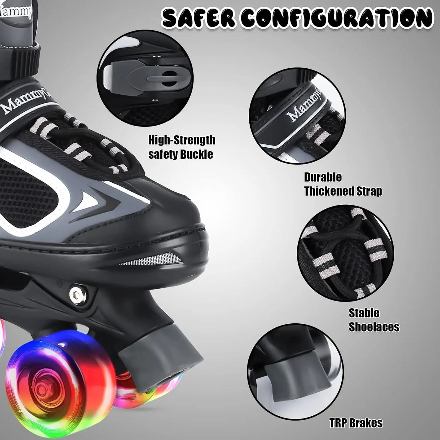 Adjustable Kids Roller Skates with Light-Up Wheels, 4 Sizes for Boys Girls Beginners Indoor Outdoor Fun