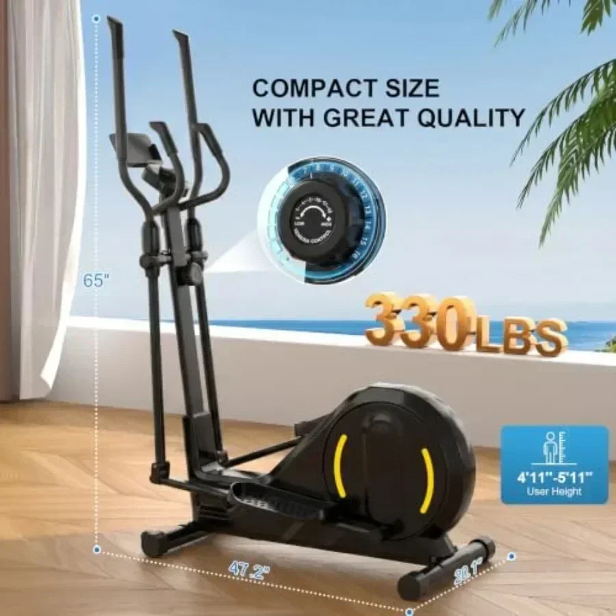 Home Gym Elliptical Exercise Machine with Hyper-quiet Magnetic Driving System, Black Steel Frame, 16 Resistance Levels, 15.5-in
