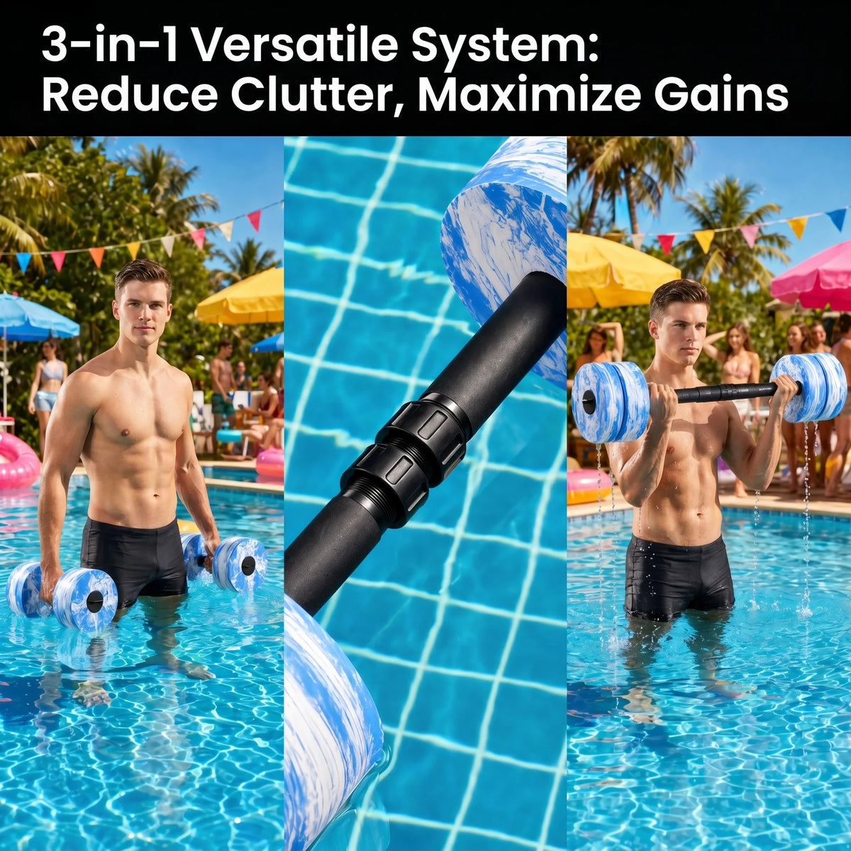 HAPBEAR 3-in-1 Aquatic Exercise Dumbbells, Adjustable Water Weights for Pool Exercise, High-Density EVA Foam Barbell for Water Aerobics Equipment, Physical Therapy & Joint-Friendly Strength Training