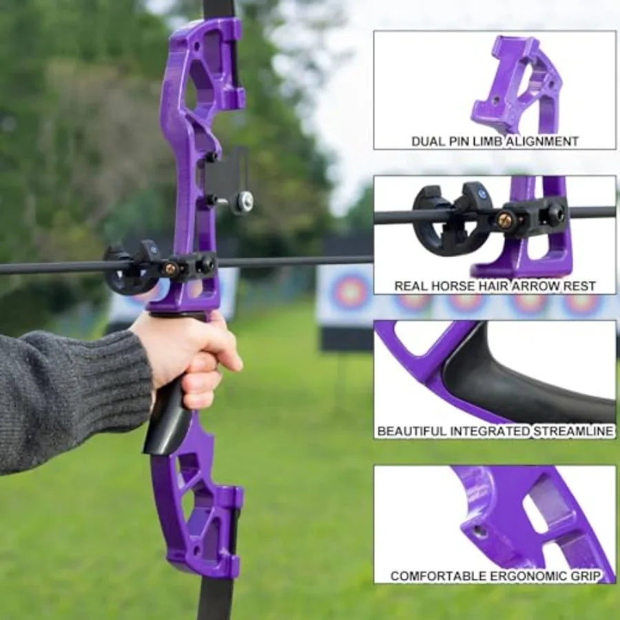 Recurve bow set for adult training and target practice, fiberglass limbs with maple riser, black finish, 30lb or 40lb draw weig
