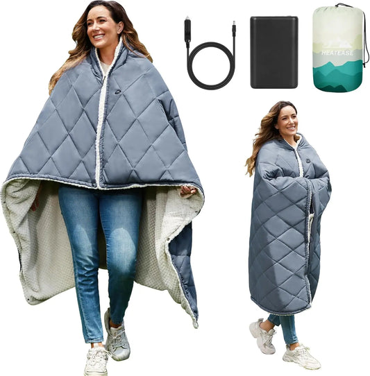 Portable Heated Blanket Battery Operated 12V Wearable Shawl Poncho Electric Outdoor Throw For Camping Traveling Picnics Car