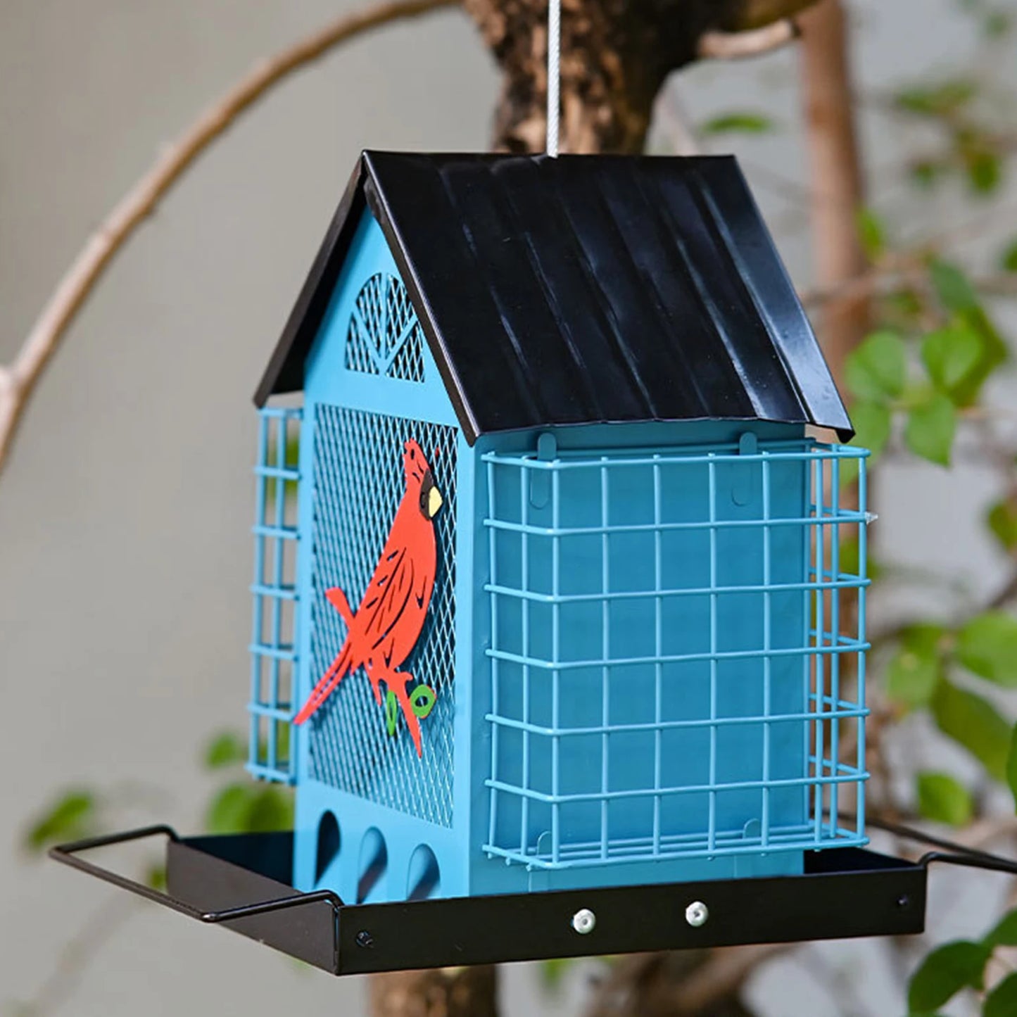 Outside Bird Houses with Double Suet Squirrel-Proof Seeds Tray Cage Refillable Multi-Layer Metal Birdhouse For Outdoor Parks