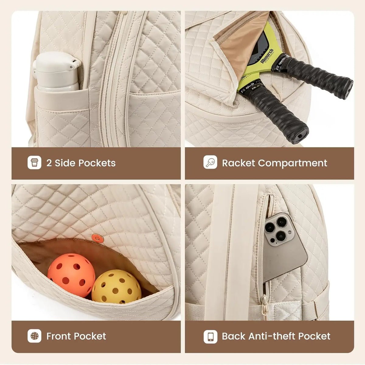 Quilted Tennis Racket Bag Backpack for Women - Large Capacity, Lightweight, Multipurpose for Tennis, Pickleball, Badminton