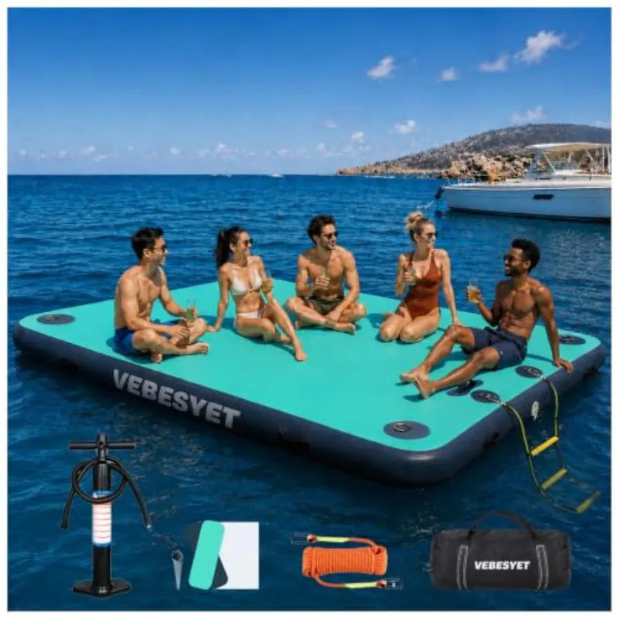 Inflatable Floating Dock Platform For Lake Ocean Swimming Fishing And Pets 6-Inch Reinforced PVC In Blue With Soft Ladder Pump