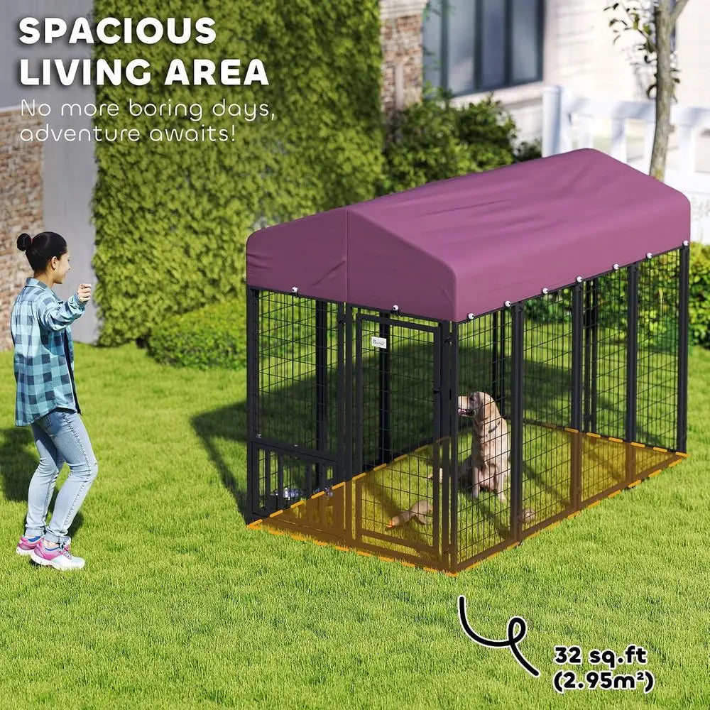 Outdoor Dog Kennel with Roo, 8' x 4' x 6' Heavy Duty Welded Wire Dog Playpen Enclosure with Ese-Proo Lock, Adjustable Bowls, UV-