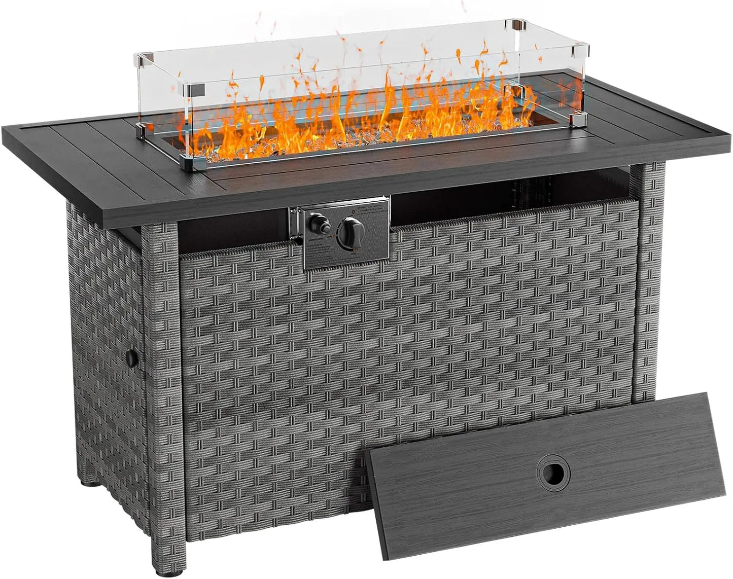44" Fire Pit Table with Wind Guard, Auto-Ignition Propane Gas Firepits Rattan Rectangular Table for Outside Patio 60,000 BTU