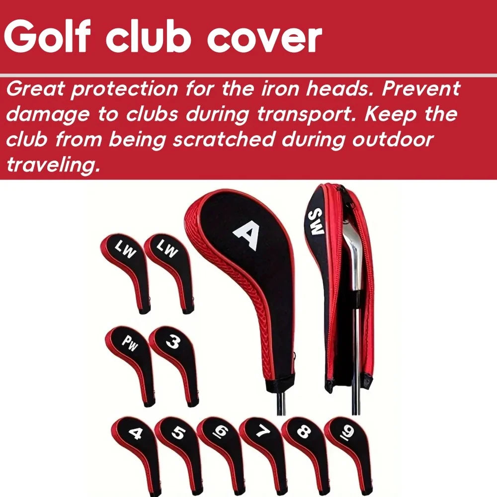 Complete Golf Club Protection Set – 12 Neoprene Covers with Number Print Zippered Driver Head & Long Neck for All Irons