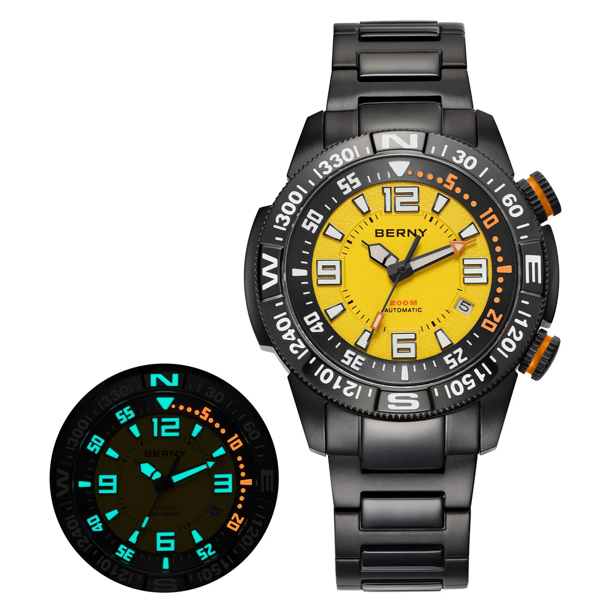 BERNY Automatic Diving Watches for Men 20ATM Super Luminous Mechanical Men's Diver Watch Full S/S Sapphire Swim Dive Wristwatch