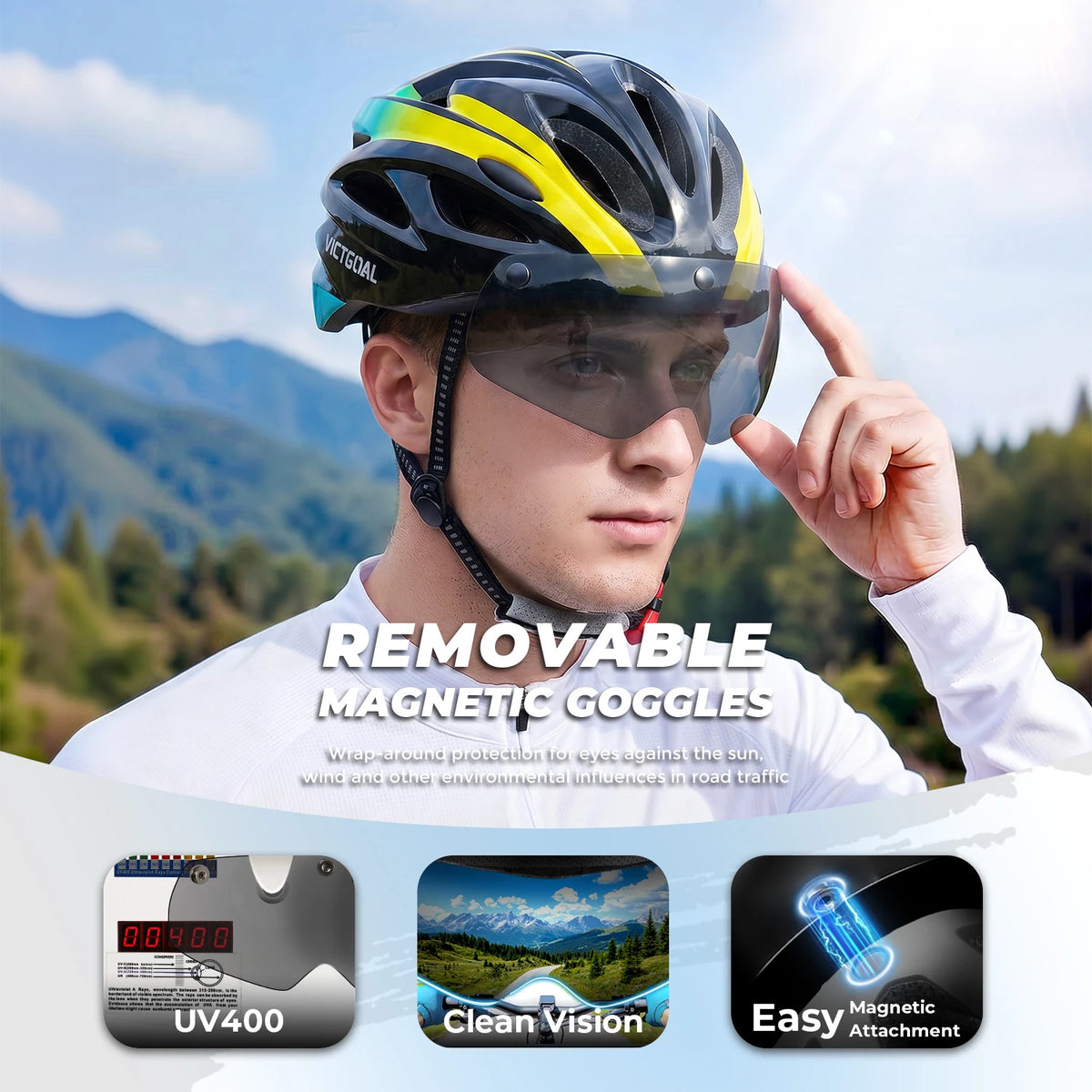 VICTGOAL Bike Helmet with Light and Goggles for Adults Lightweight MTB Road Bicycle Helmets for Men Women Cycling Ebike Scooter
