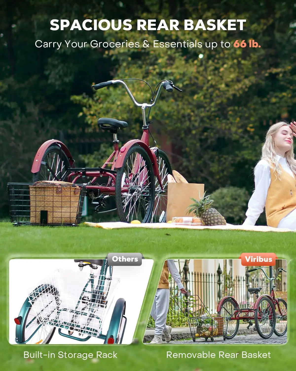 Folding Tricycle for Adults, 7 Speed Foldable Adult Tricycle with Removable Wheeled Basket, Folding 3 Wheel Bikes for, Custom